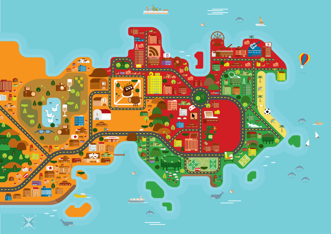Flat style map for an fictional entertainment city for Globo.com
